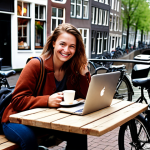 **

"A freelance travel writer sitting at an outdoor cafe in Amsterdam, laptop open, surrounded by canals and bicycles, sipping coffee and smiling. Include a camera bag nearby. Focus on the cozy, creative atmosphere."

**