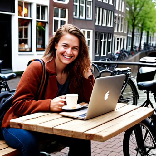 Home 4 **
"A freelance travel writer sitting at an outdoor cafe in Amsterdam, laptop open, surrounded by canals and bicycles, sipping coffee and smiling. Include a camera bag nearby. Focus on the cozy, creative atmosphere."
**