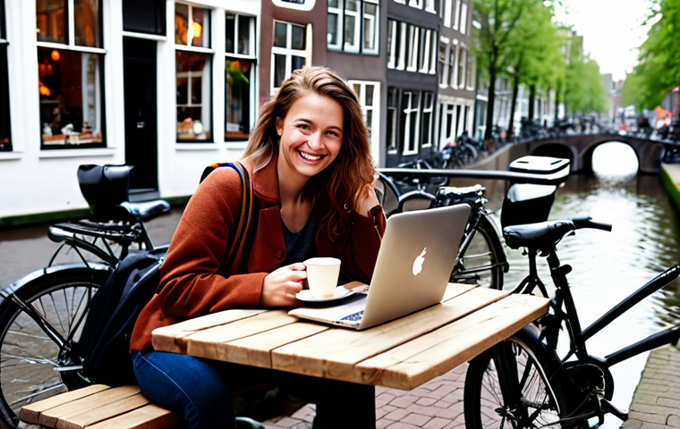 **
"A freelance travel writer sitting at an outdoor cafe in Amsterdam, laptop open, surrounded by canals and bicycles, sipping coffee and smiling. Include a camera bag nearby. Focus on the cozy, creative atmosphere."
**